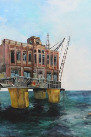 Hafen, Ölgemälde, Zahra Amiryeganeh, Middleway Gallery, Online Shop, Hamburg, Mann im Wasser, Pahlavi, Gebäude, Öltanker